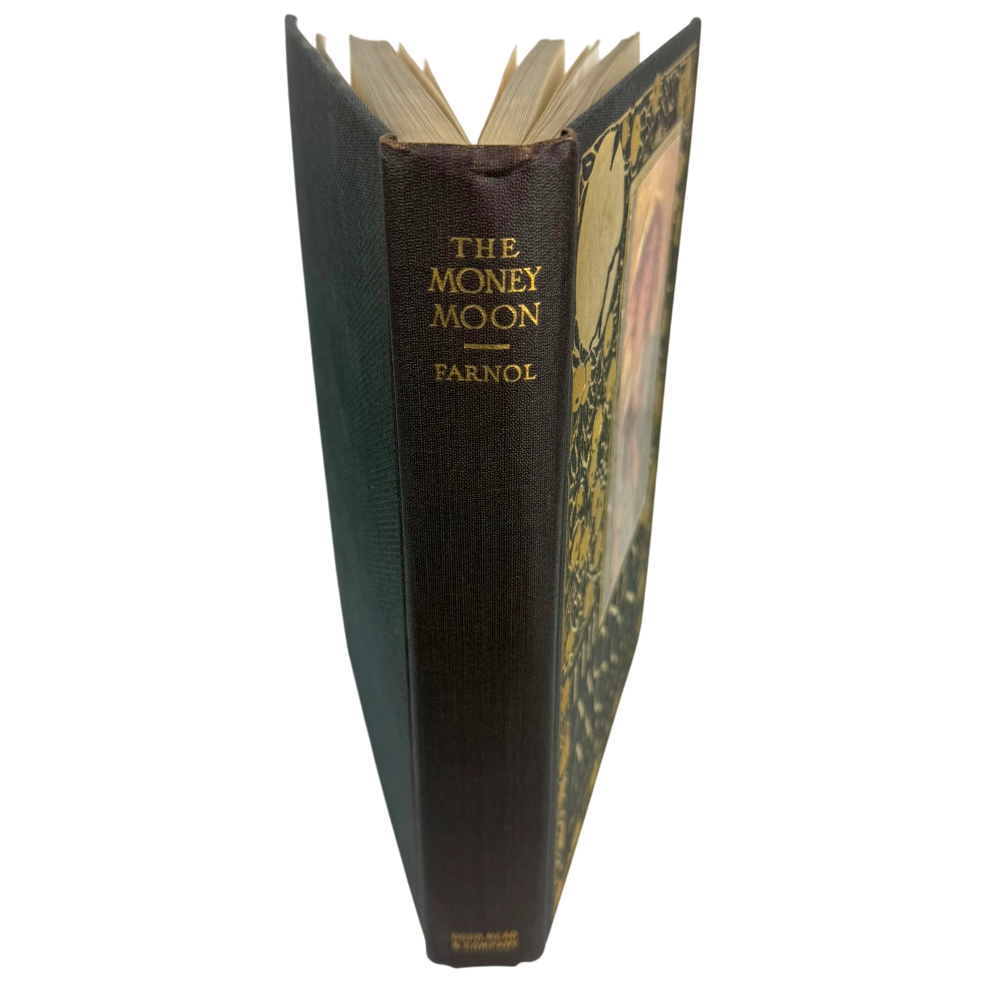 A vintage hardcover book titled 'The Money Moon' by Farnol, standing upright on its spine against a plain white background.