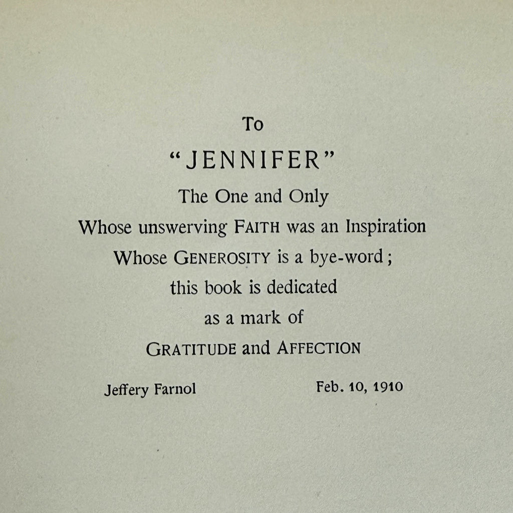 A vintage paper dedication card with black printed text on an off-white background, addressed to 'JENNIFER' with a sentimental message and signed by Jeffery Farnol on Feb. 10, 1910.