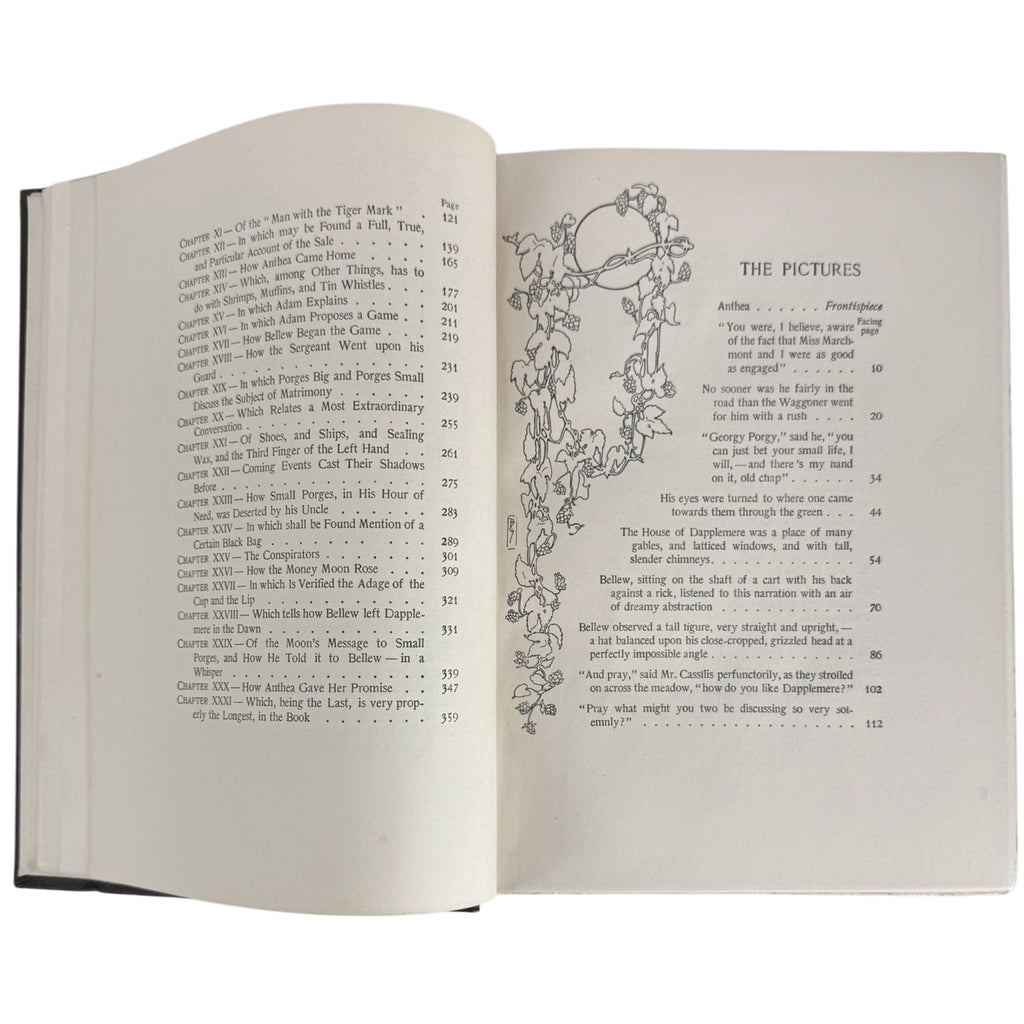 An open vintage book showing  a list of the pictures in The Money Moon book