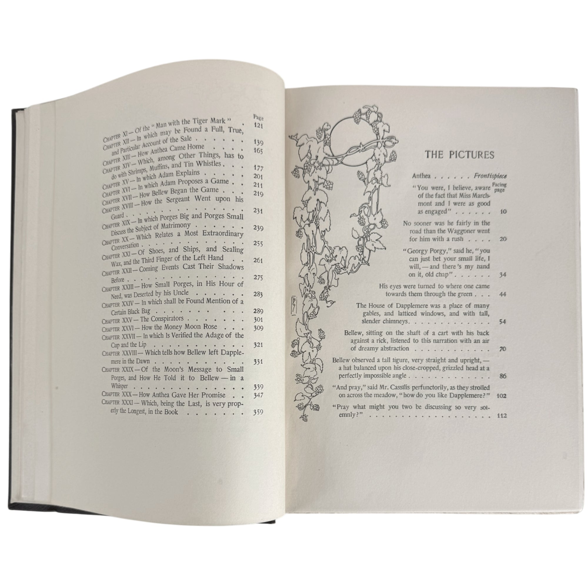 An open vintage book showing  a list of the pictures in The Money Moon book