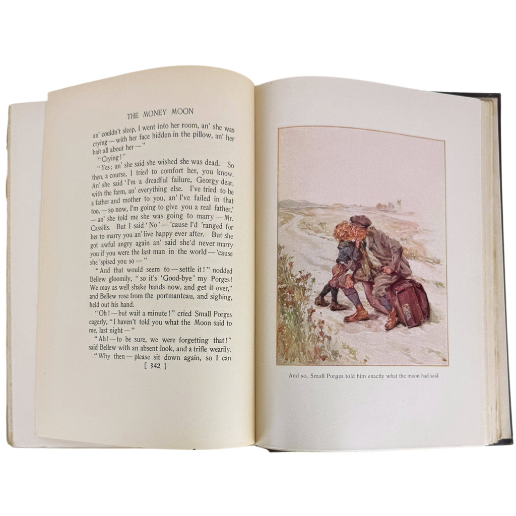 An open antique book showing a printed page with text on the left spread and an  illustration on the right spread by arthur i keller