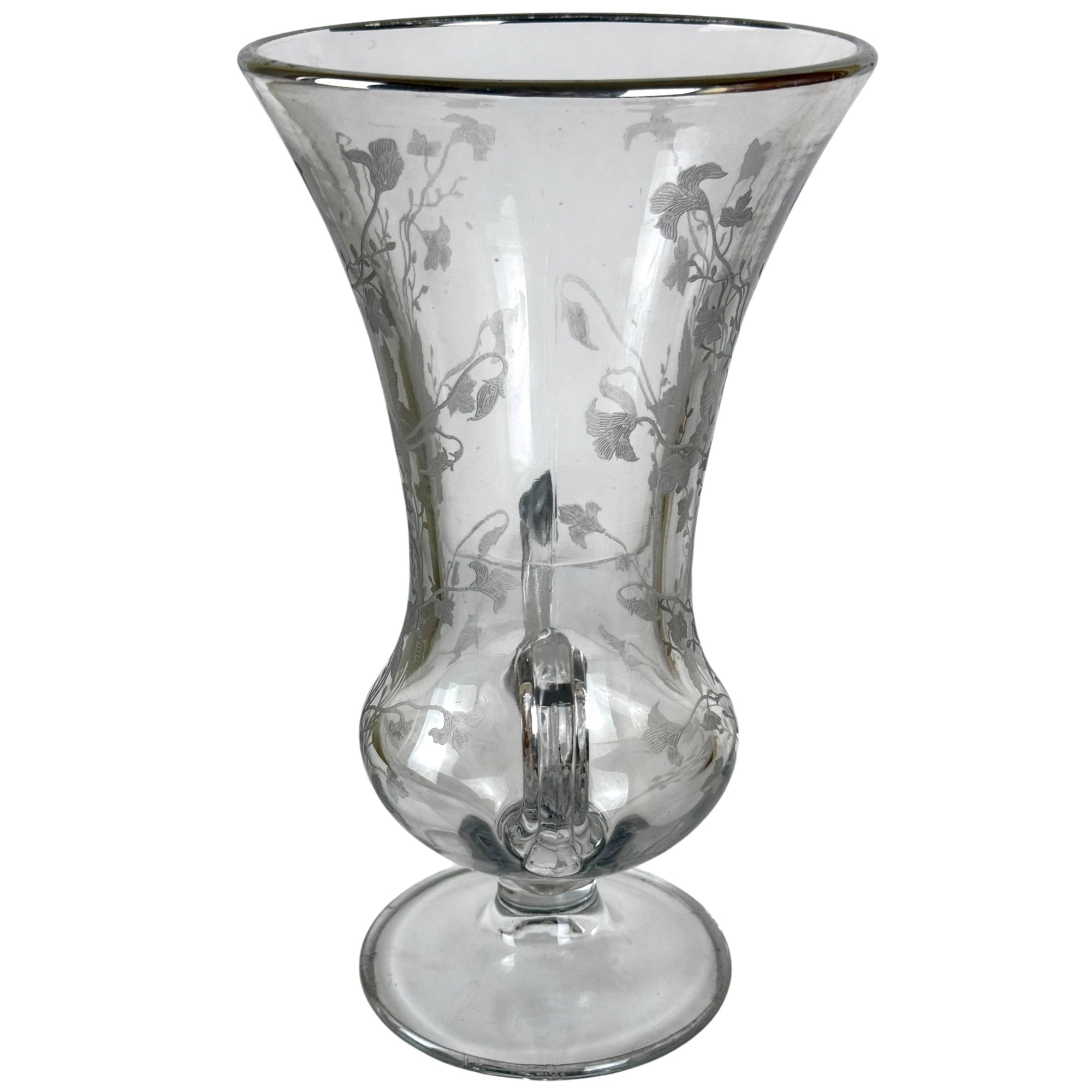 side view of Tiffin No. 319 Two Handled Etched Glass Vase