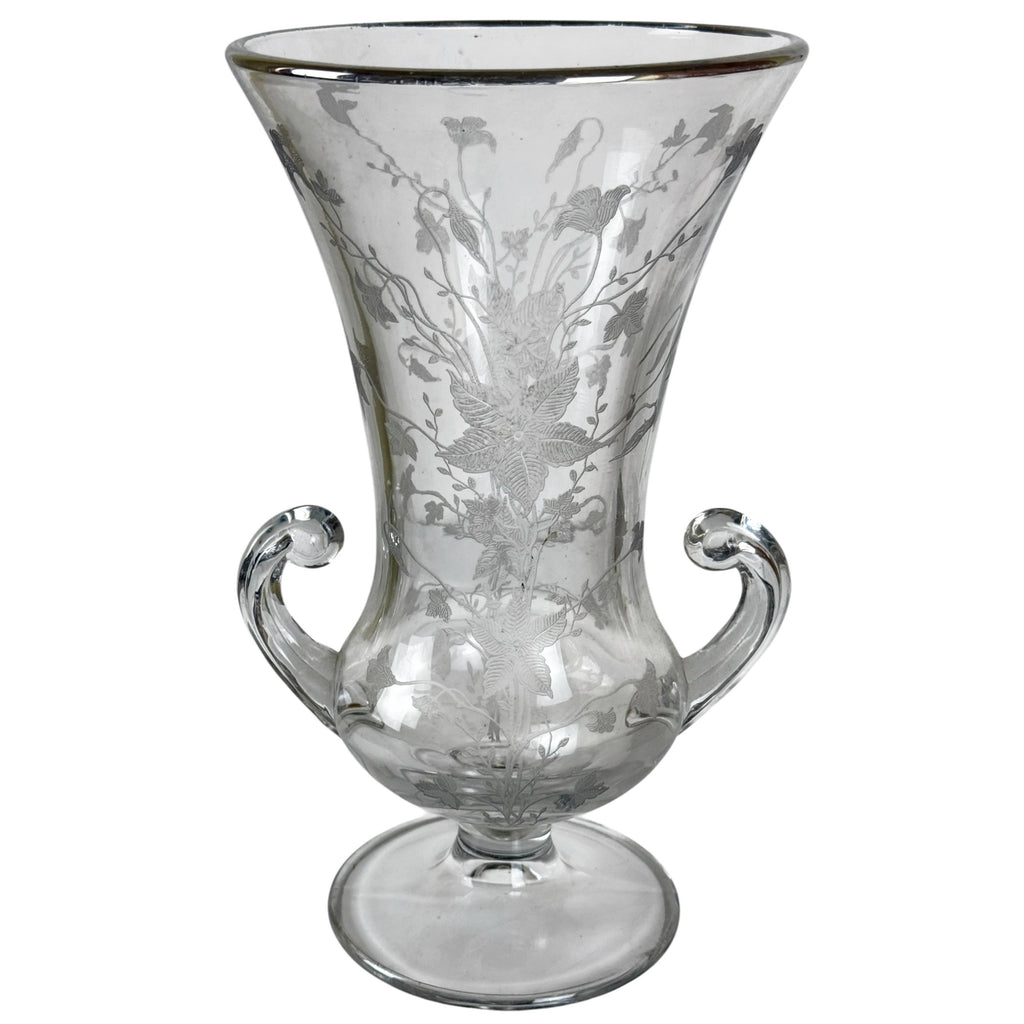 Large Tiffin No. 319 Two Handled Etched Glass Vase with Silver Deposit Rim c.1930s