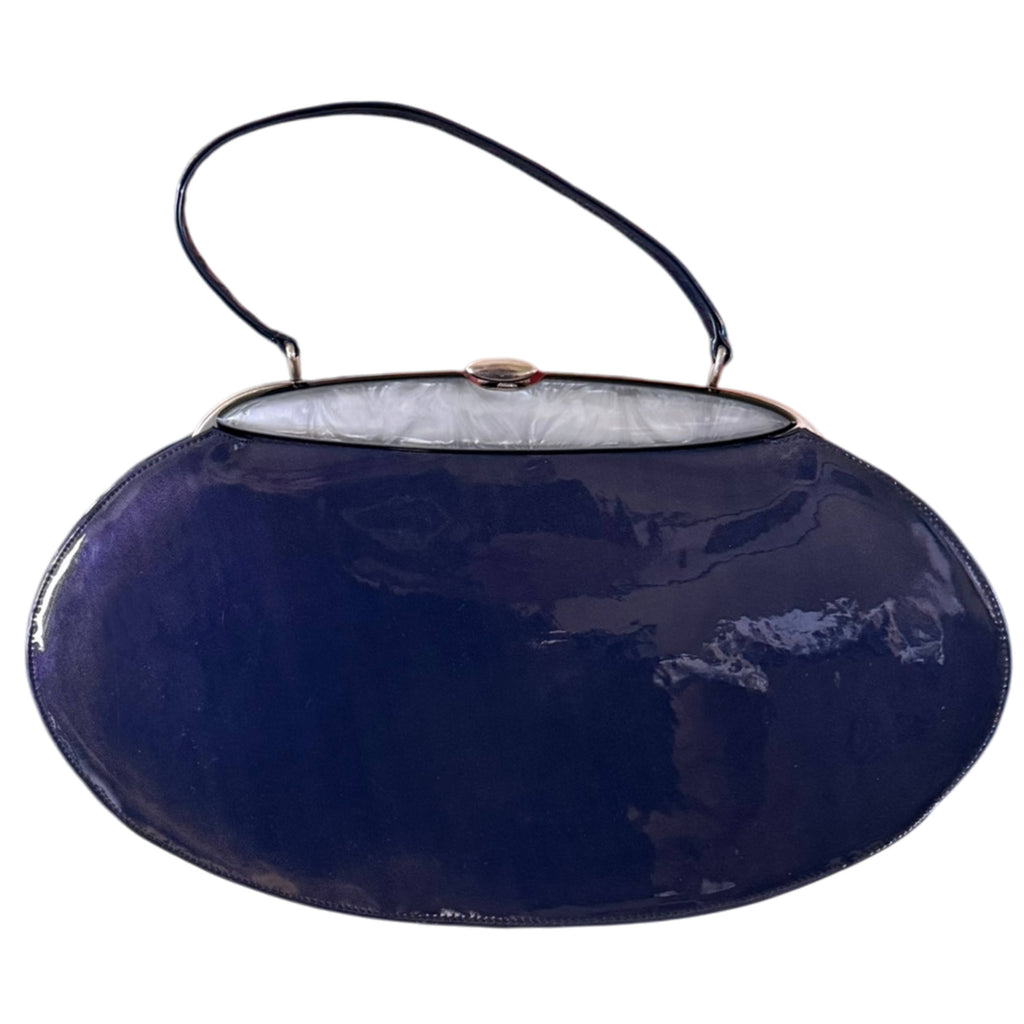 Large vintage 1950s Tudor Bag purplish blue patent leather oval handbag made in Canada