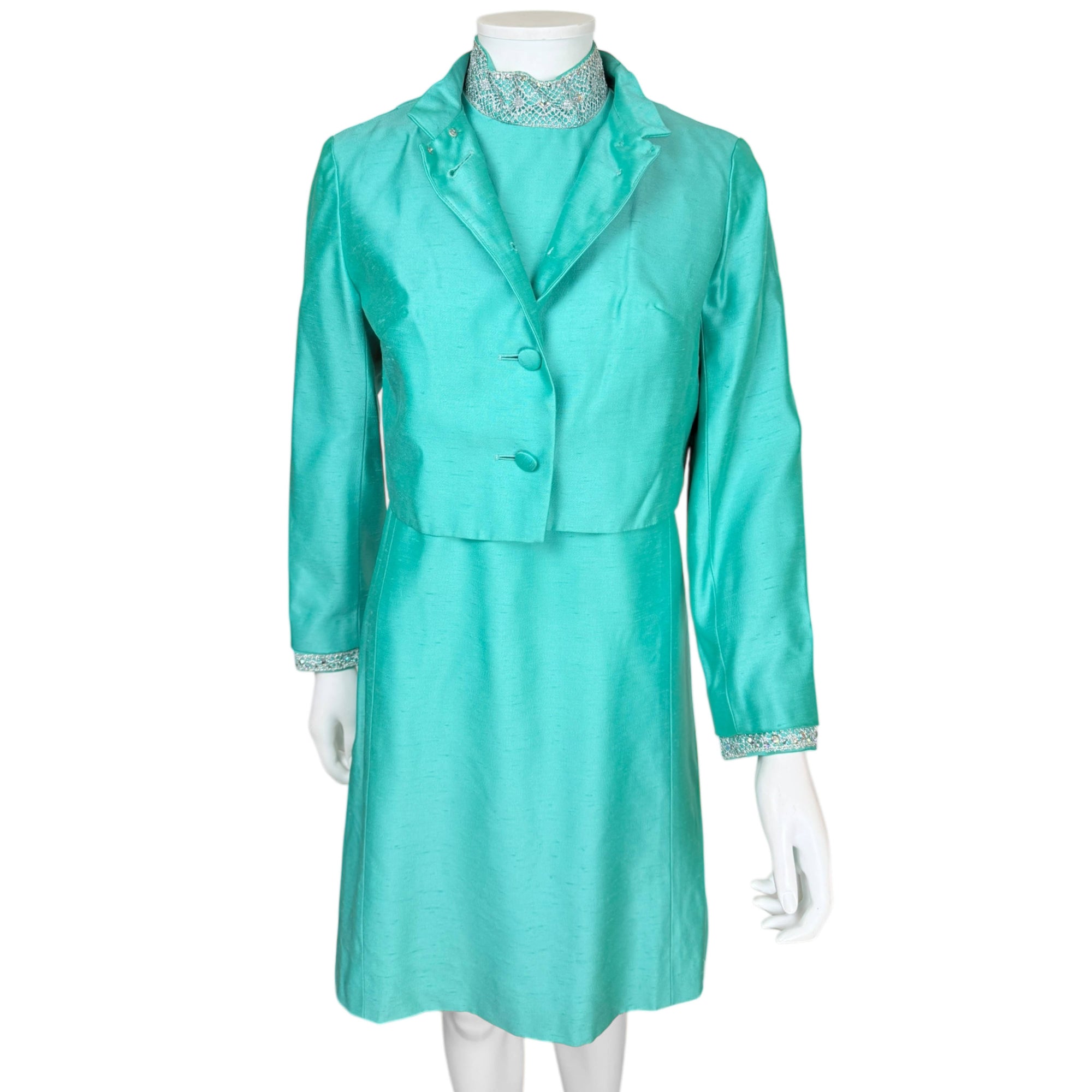 Vintage 1960s Dress and Jacket Ensemble by Daymore Turquoise w Beaded Collar