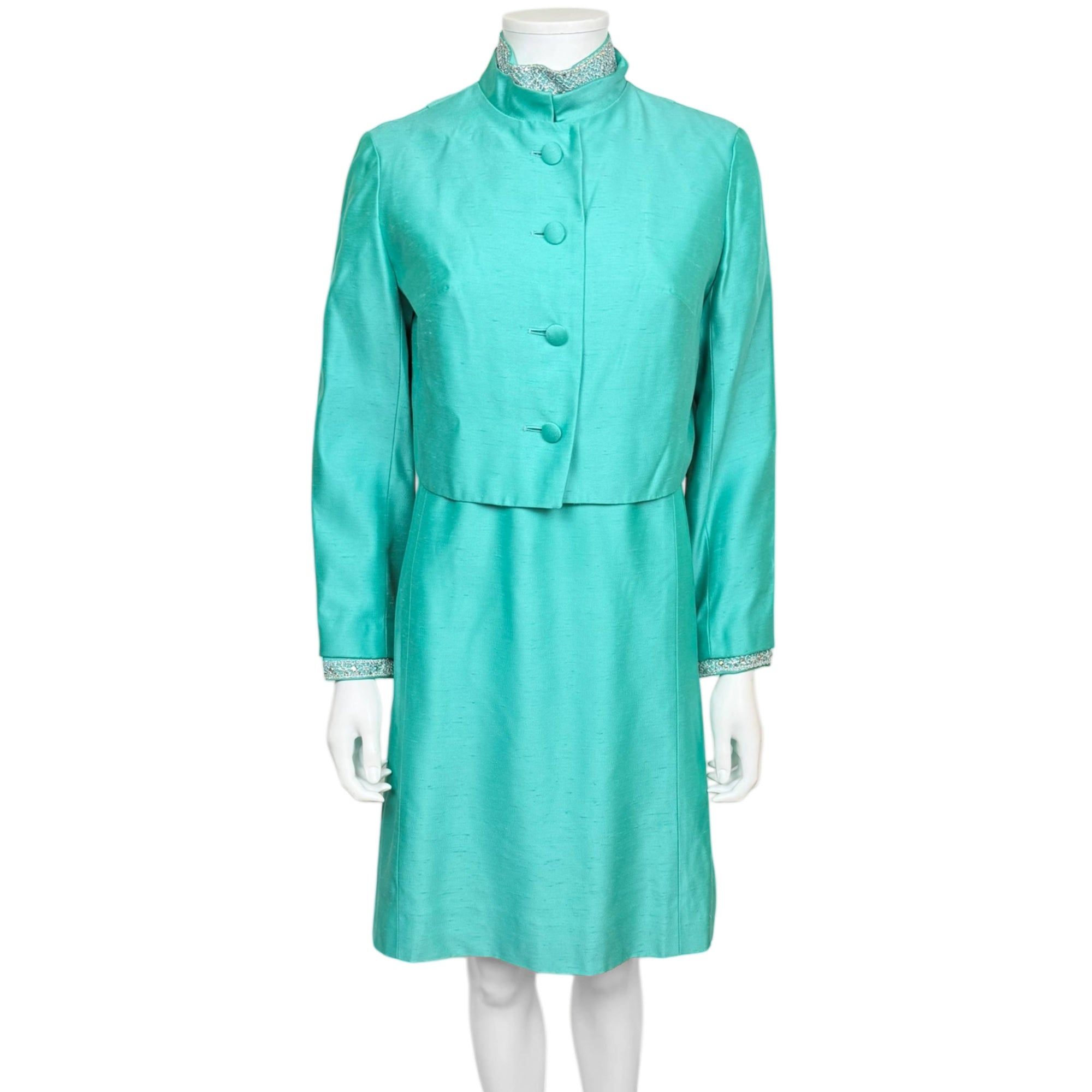 Vintage 1960s Dress and Jacket Ensemble by Daymore Turquoise w Beaded Collar