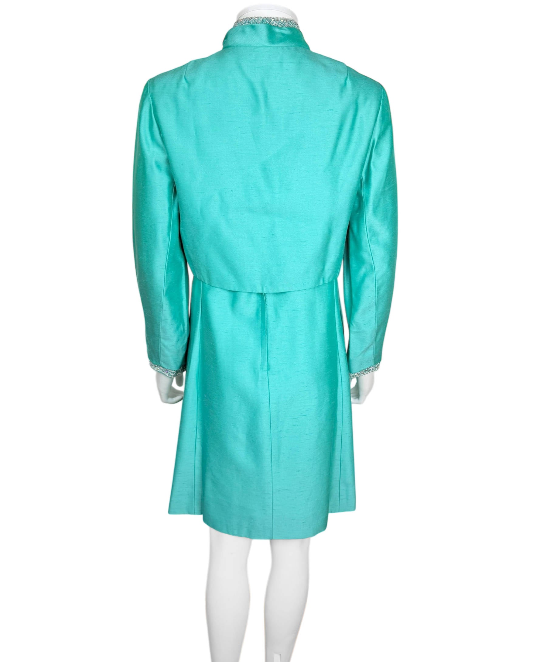 Vintage 1960s Dress and Jacket Ensemble by Daymore Turquoise w Beaded Collar