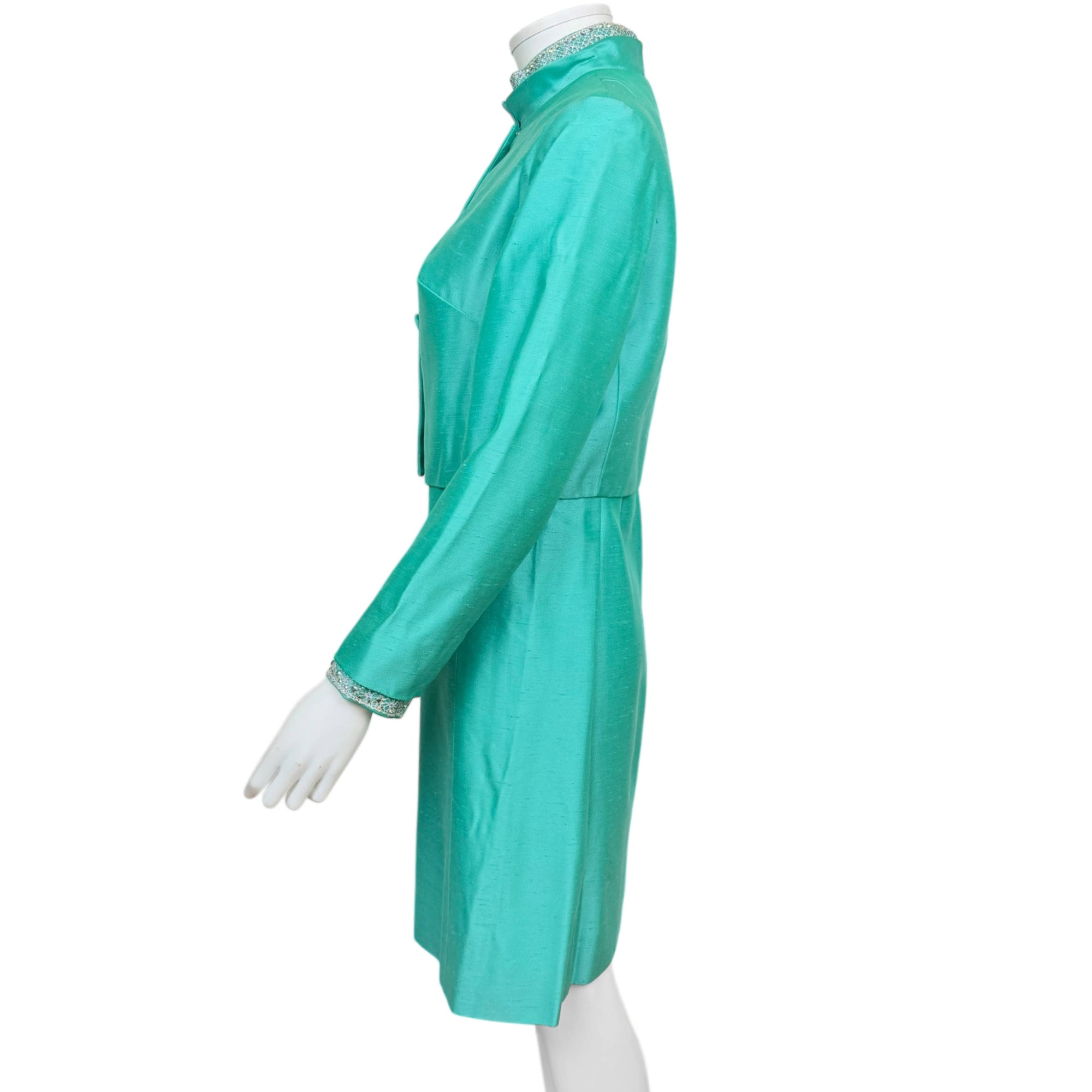 Vintage 1960s Dress and Jacket Ensemble by Daymore Turquoise w Beaded Collar
