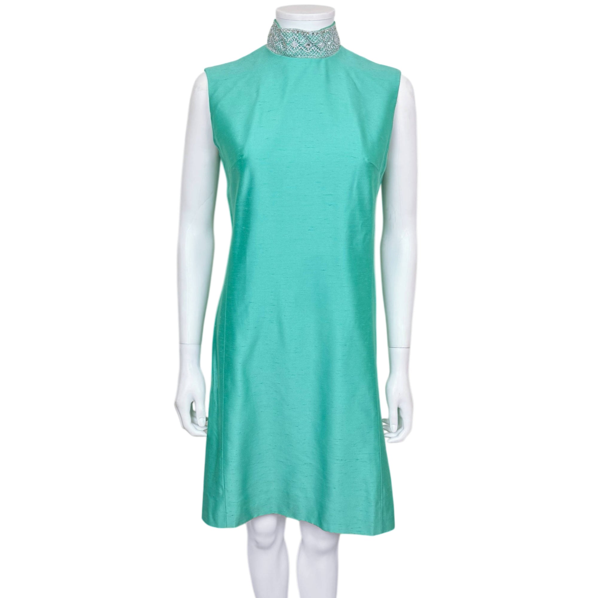 Vintage 1960s Dress and Jacket Ensemble by Daymore Turquoise w Beaded Collar