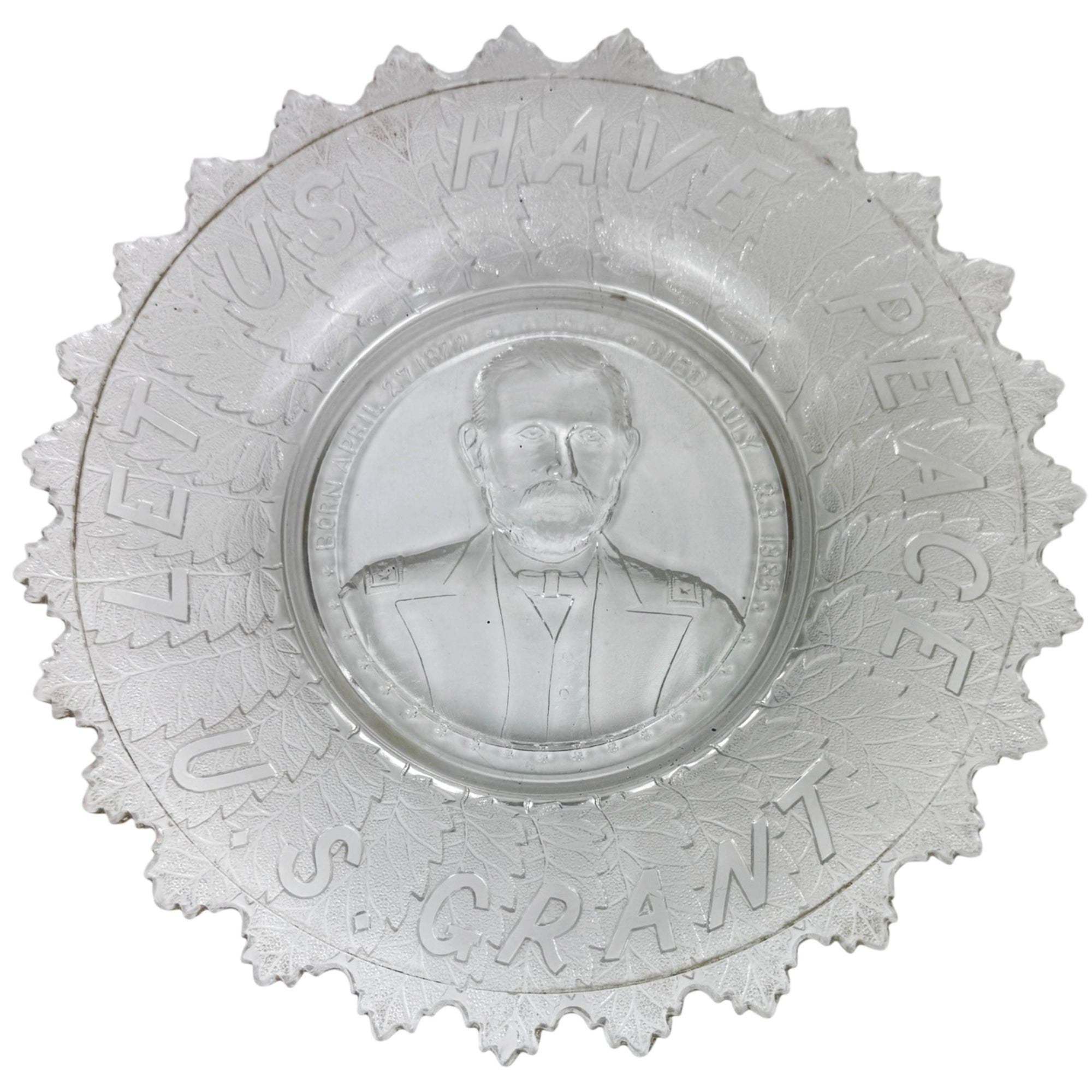 EAPG Ulysses S Grant Commemorative Plate Clear Pressed Glass 1885 Memorial Let Us Have Peace