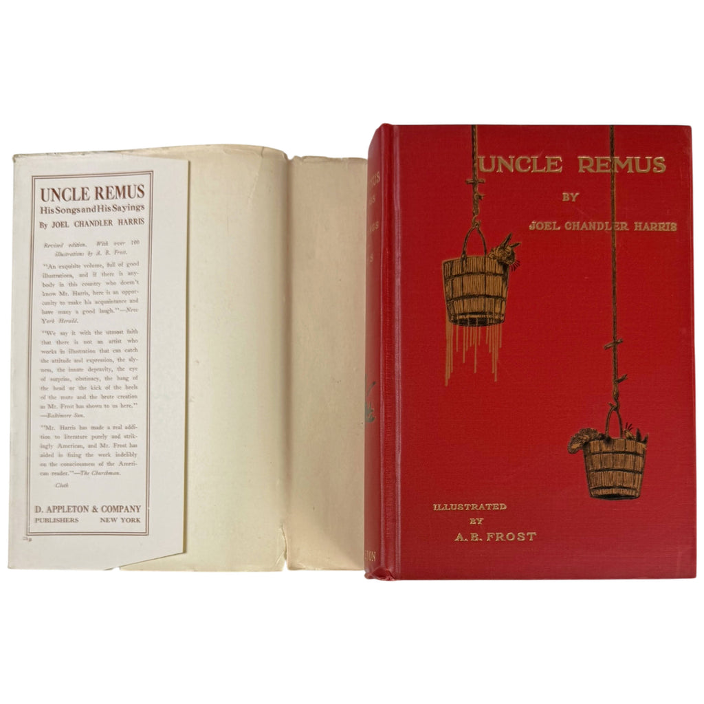 Red pictorial cloth front cover of Uncle Remus with original dust jacket flap