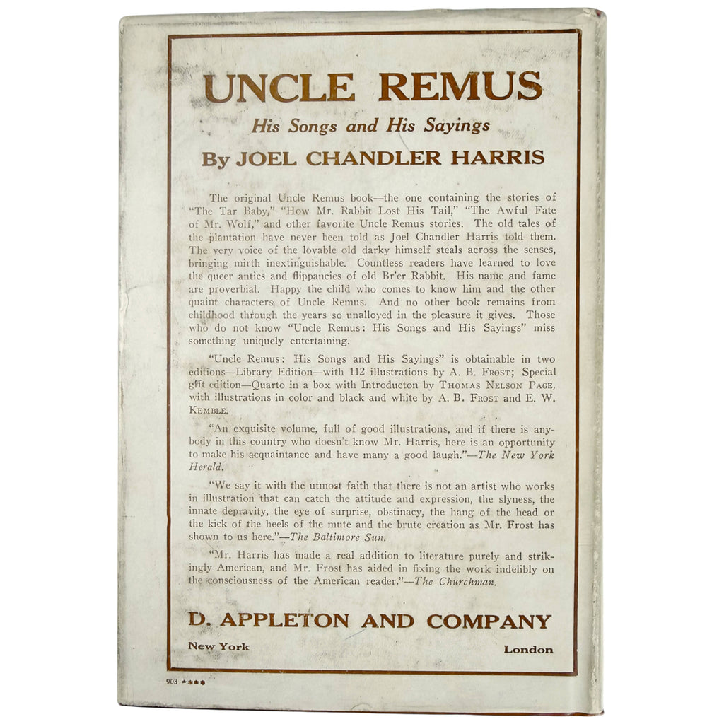 Rear panel of original Uncle Remus dust jacket with Appleton publisher description