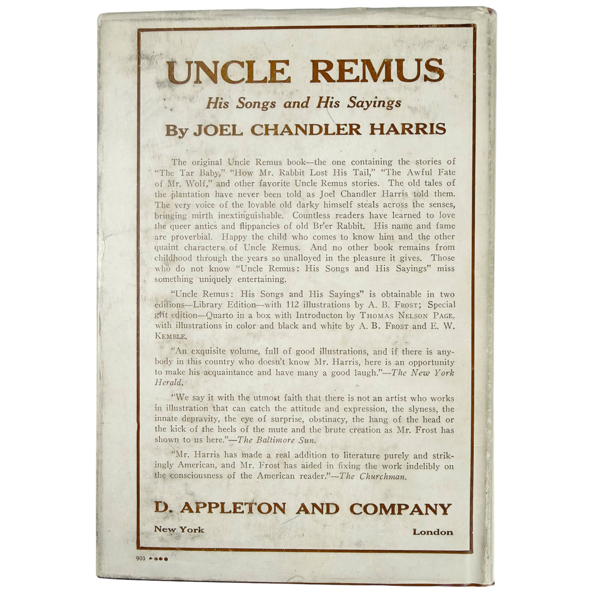 Rear panel of original Uncle Remus dust jacket with Appleton publisher description