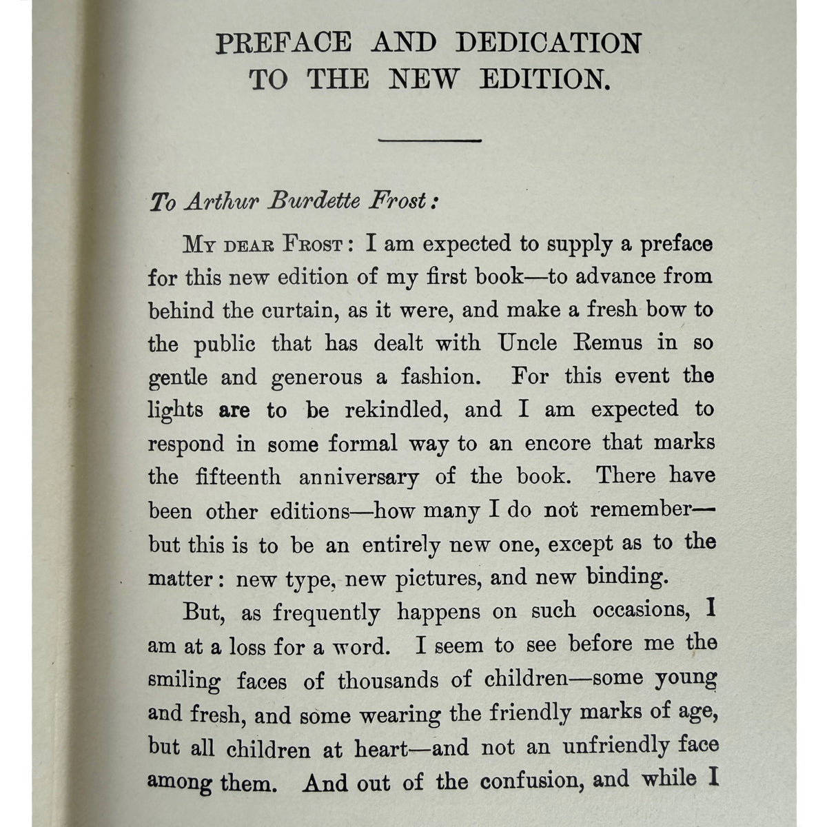 Uncle Remus preface and dedication to illustrator Arthur Burdett Frost