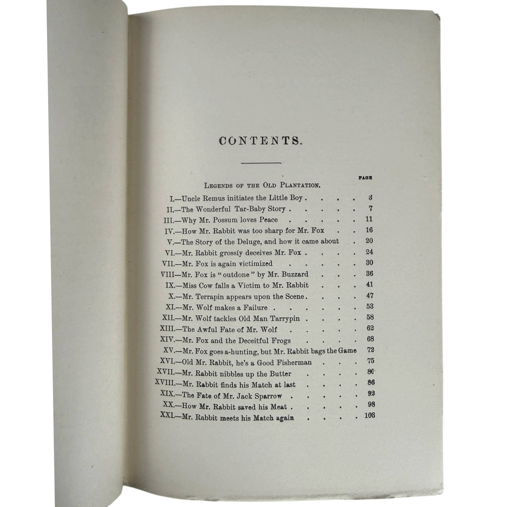 Uncle Remus table of contents listing Brer Rabbit and Brer Fox stories