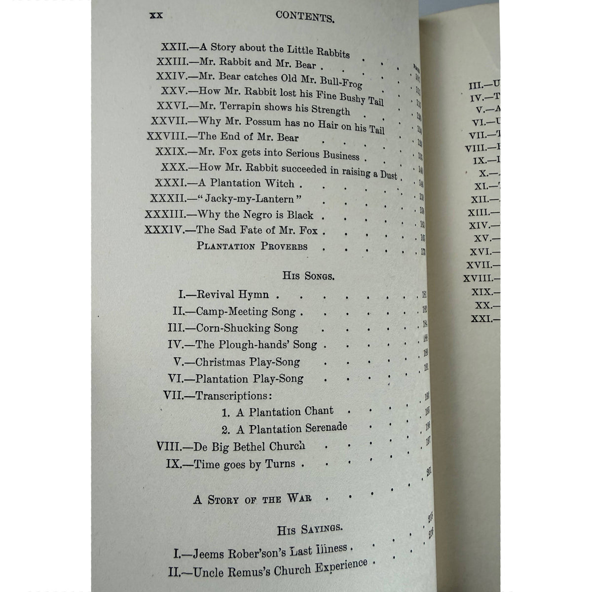 Additional Uncle Remus contents listing stories songs and sayings