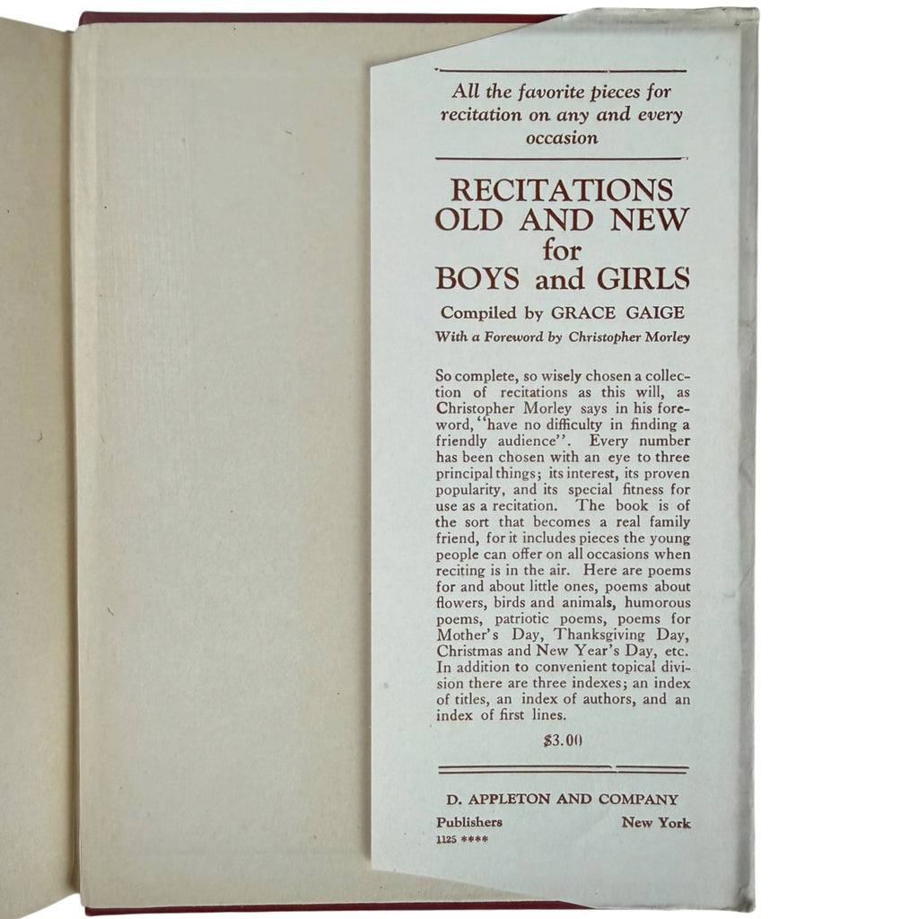 Rear dust jacket flap with Appleton advertisement for Recitations Old and New