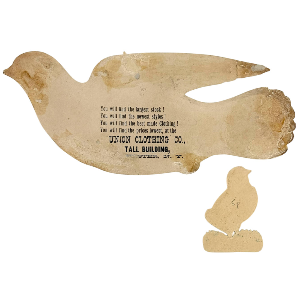 Reverse of carrier pigeon die-cut showing Union Clothing Co. Rochester NY advertisement