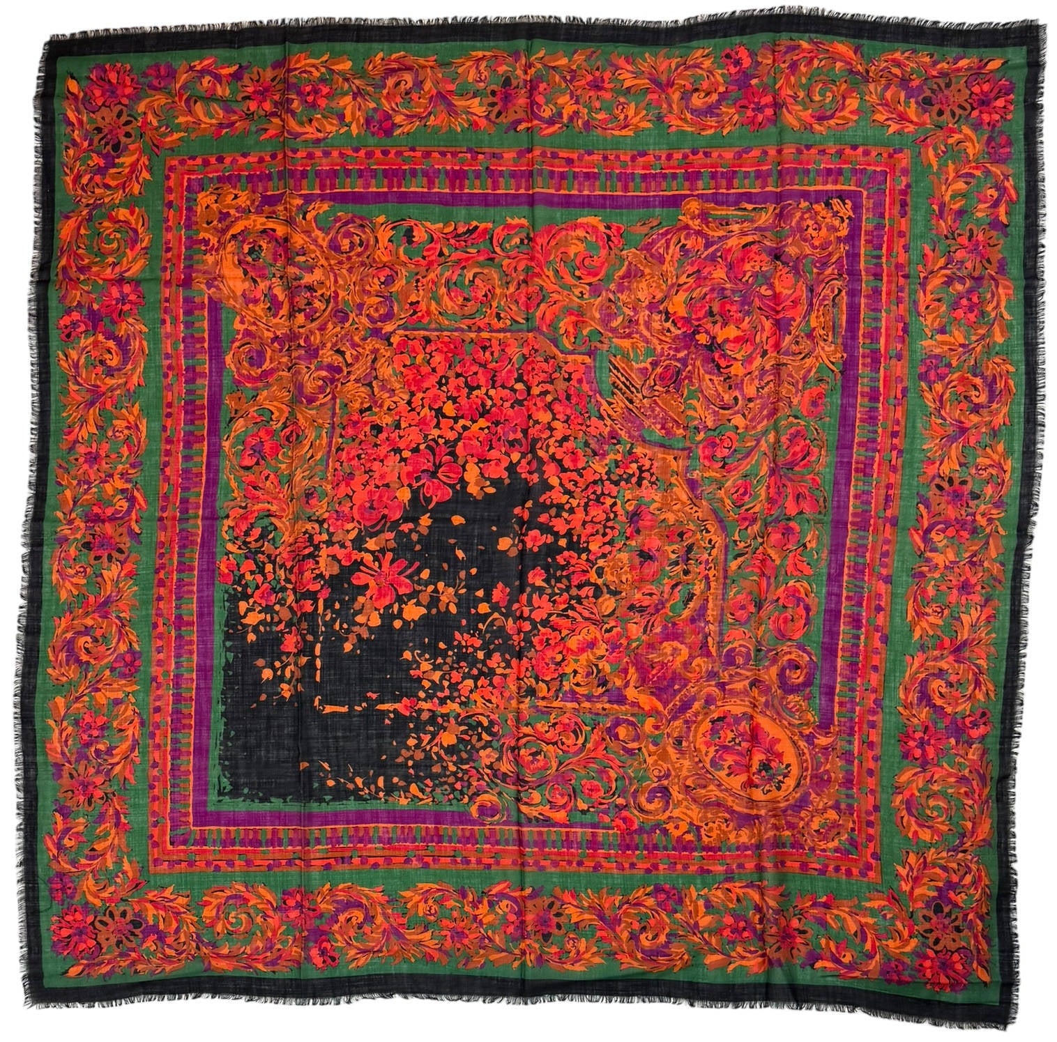 Vintage 1980s Printed Wool Shawl Large Scarf 53” Square