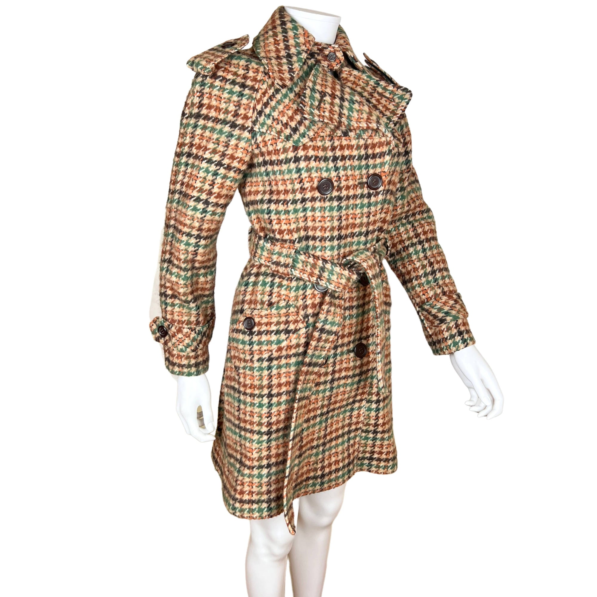Vintage 1960s Houndstooth Coat Ladies Wool Trench Style S XS