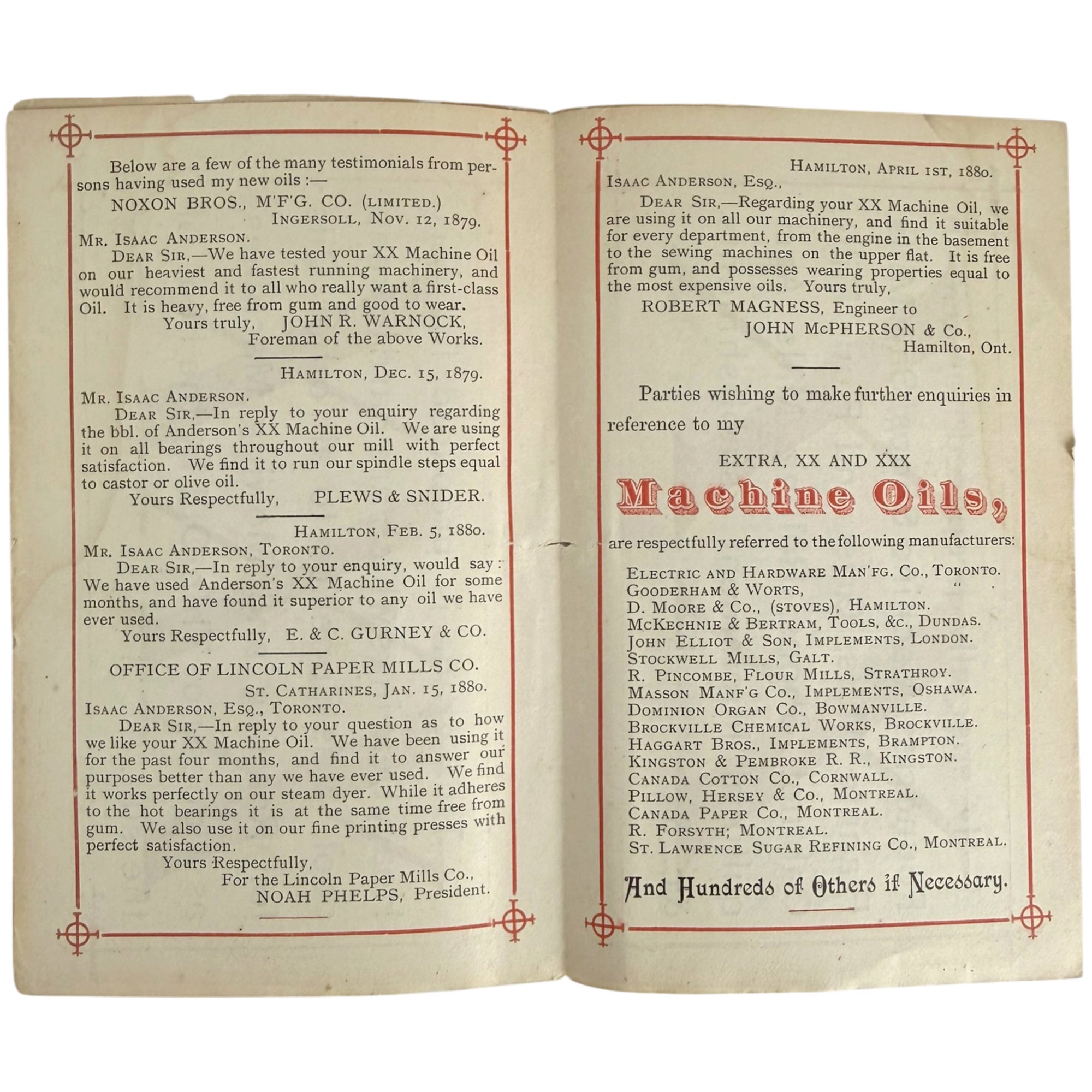 Interior pages of the 1880 Isaac Anderson Machine Oils advertising booklet