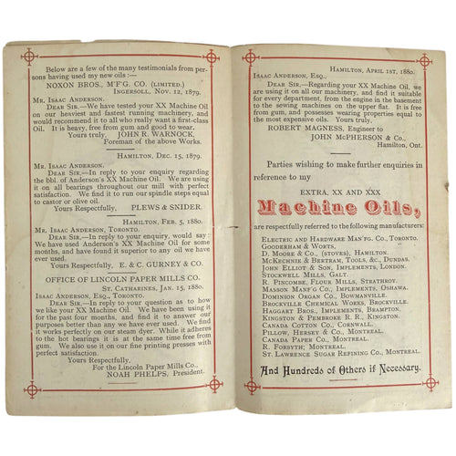 Interior pages of the 1880 Isaac Anderson Machine Oils advertising booklet