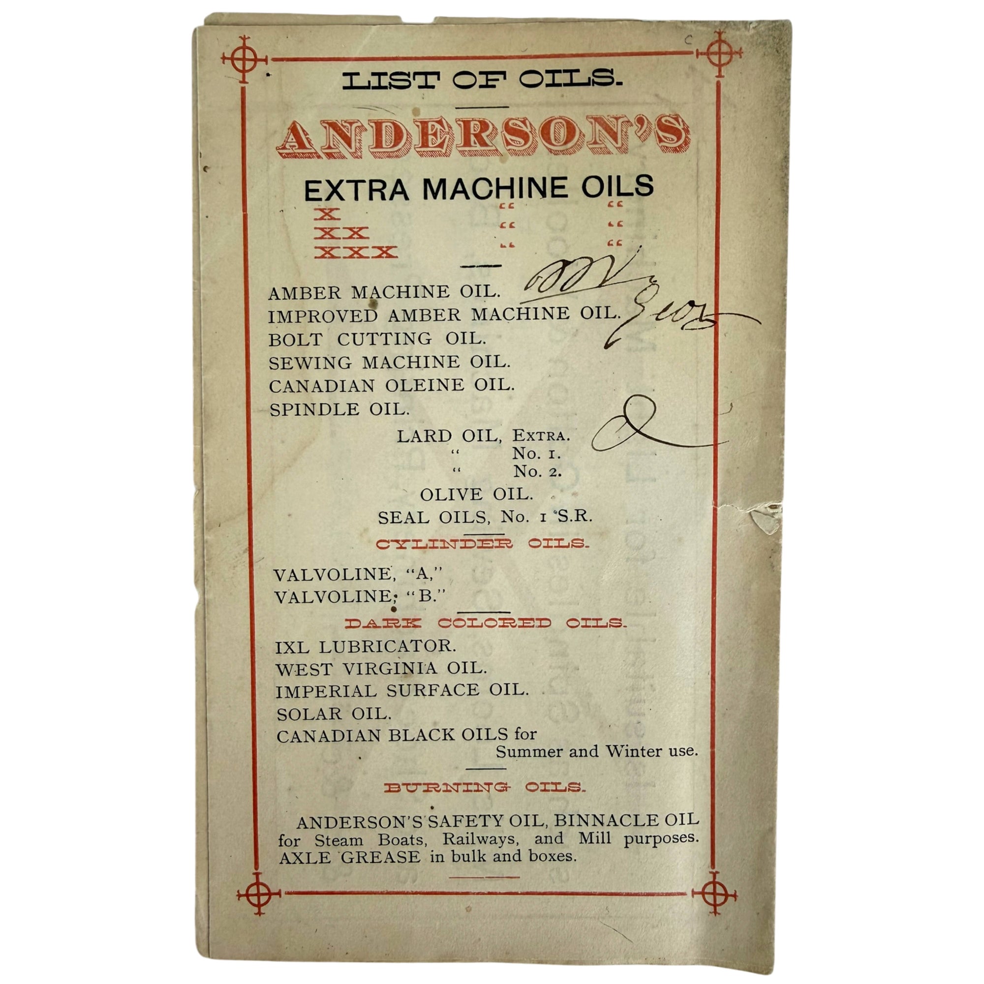 Rear cover listing Anderson's machine oils and Valvoline cylinder oils