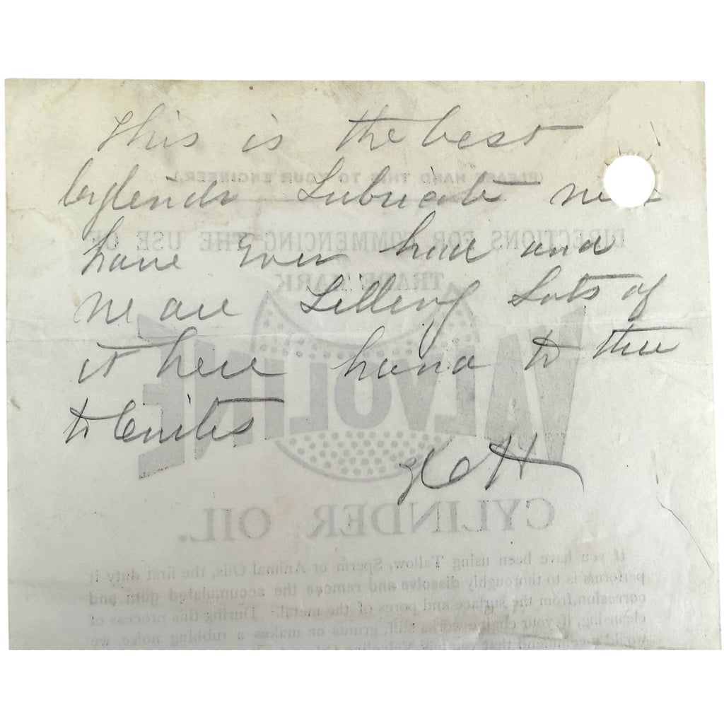 Reverse of Valvoline Cylinder Oil instruction sheet with testimonial in period manuscript writing