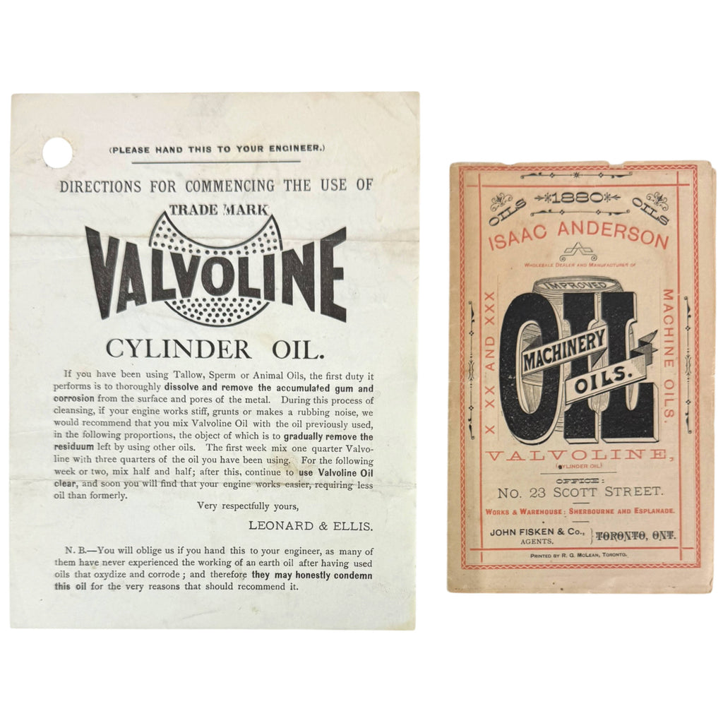 1880 Isaac Anderson Machine Oils booklet and Valvoline Cylinder Oil instruction sheet
