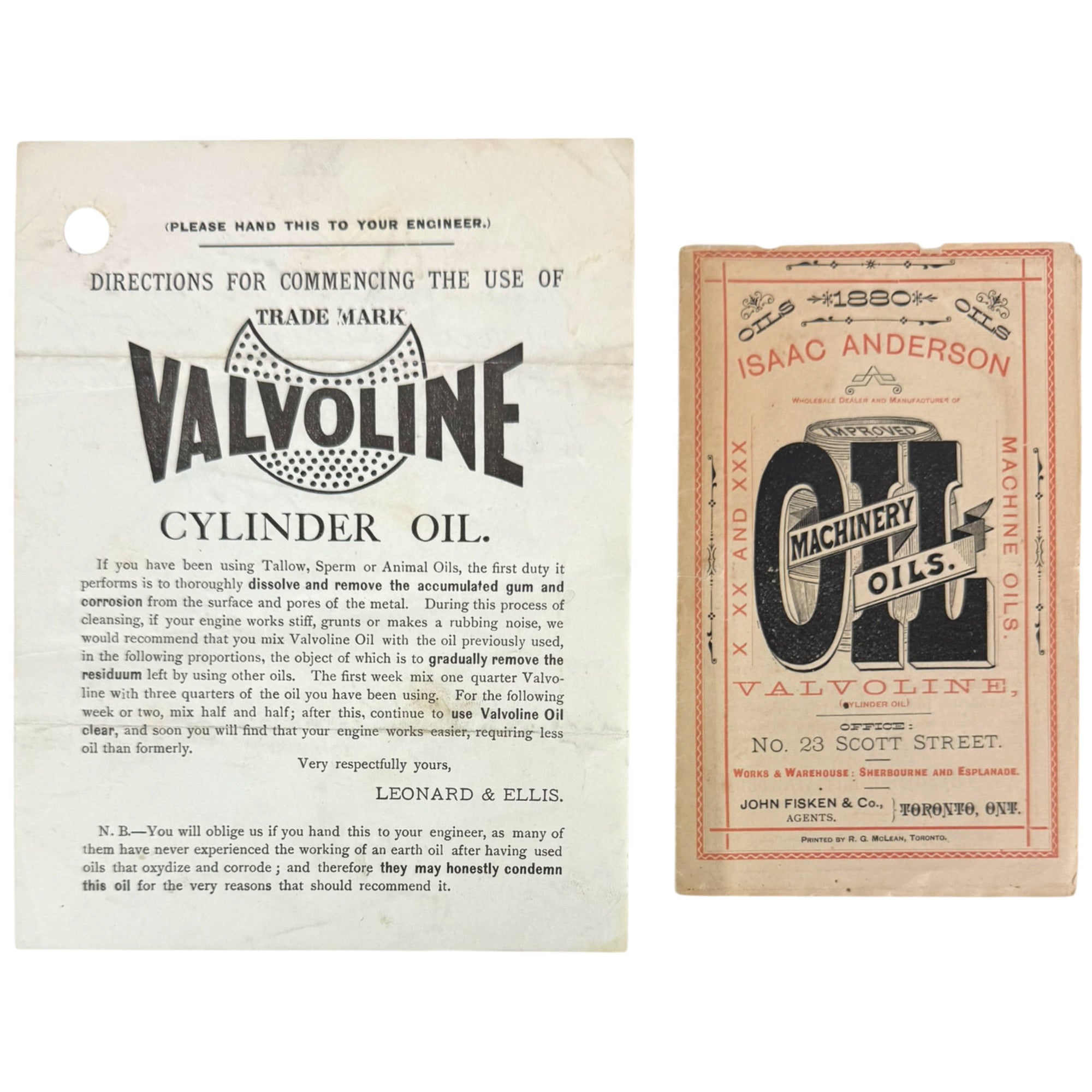 1880 Isaac Anderson Machine Oils booklet and Valvoline Cylinder Oil instruction sheet