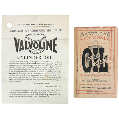 1880 Isaac Anderson Machine Oils booklet and Valvoline Cylinder Oil instruction sheet