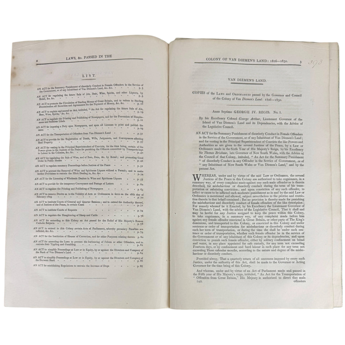 list of contents 1831 Van Diemen's Land Laws