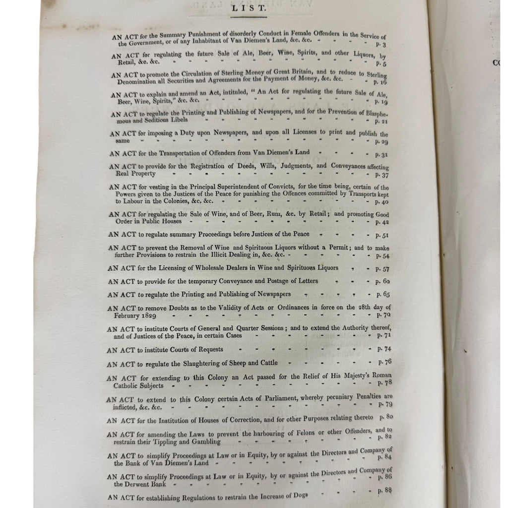 list of acts included in 1831 Van Diemen's Land Tasmania laws document