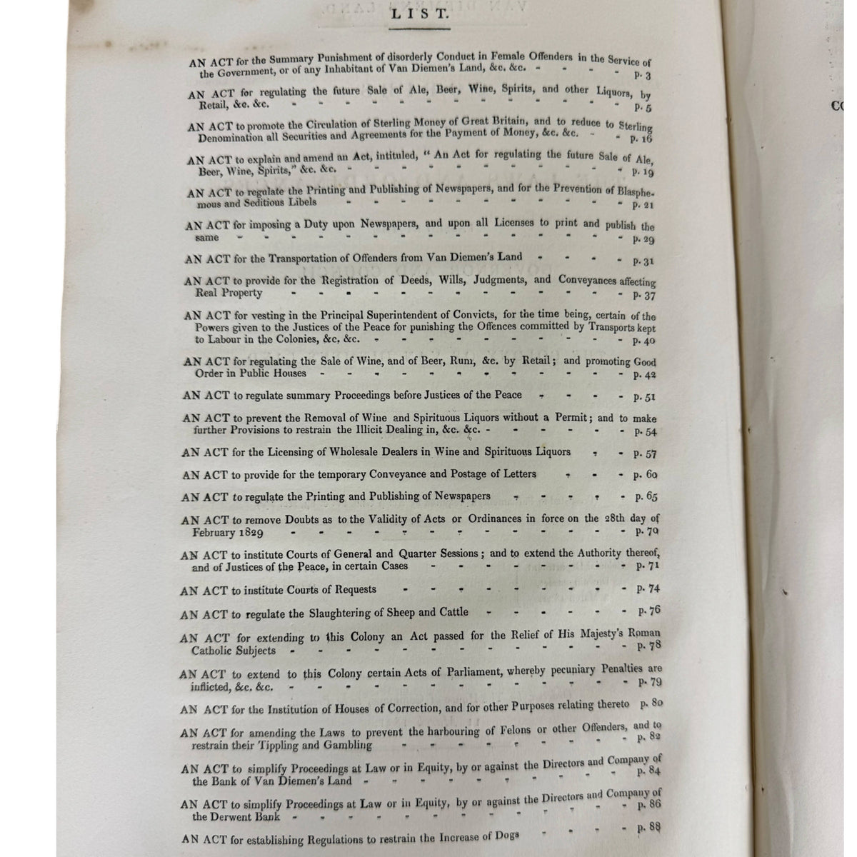 list of acts included in 1831 Van Diemen's Land Tasmania laws document