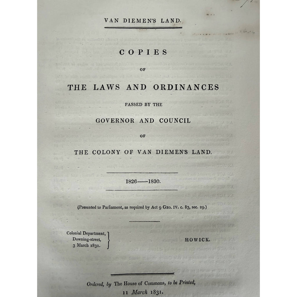 close up of title Van Diemen's Land Copies of The Laws and Ordinances 1826-1830