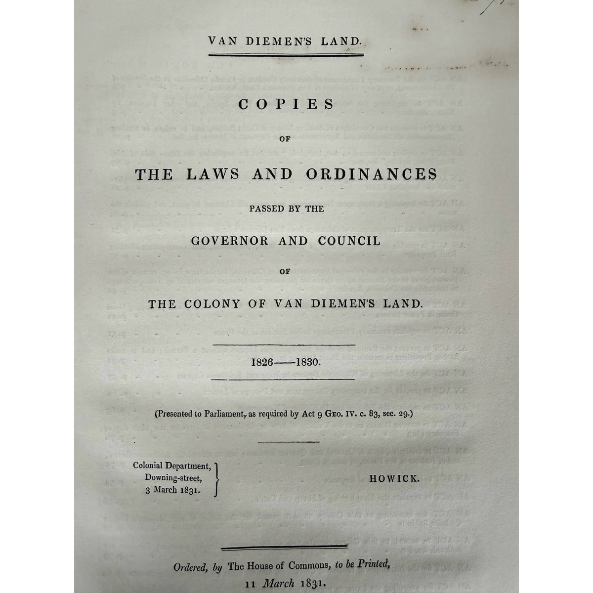 close up of title Van Diemen's Land Copies of The Laws and Ordinances 1826-1830