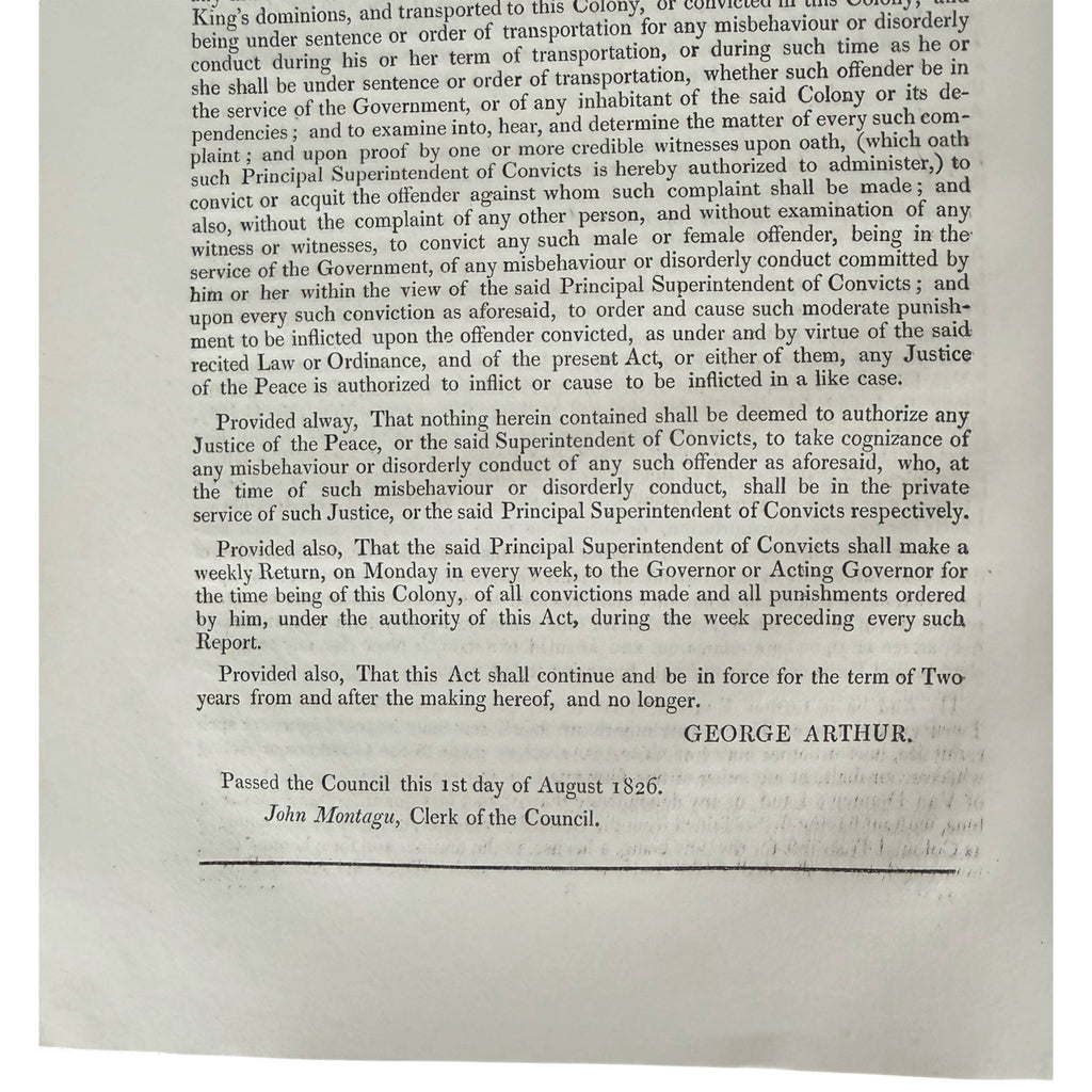 1826 Van Diemen's Land Act concerning punishment of convicts