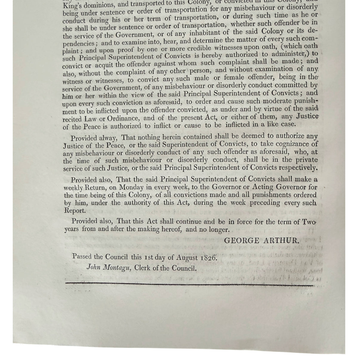 1826 Van Diemen's Land Act concerning punishment of convicts