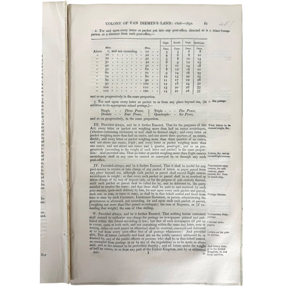 Van Diemen's Land 19th century postal rates and postage table