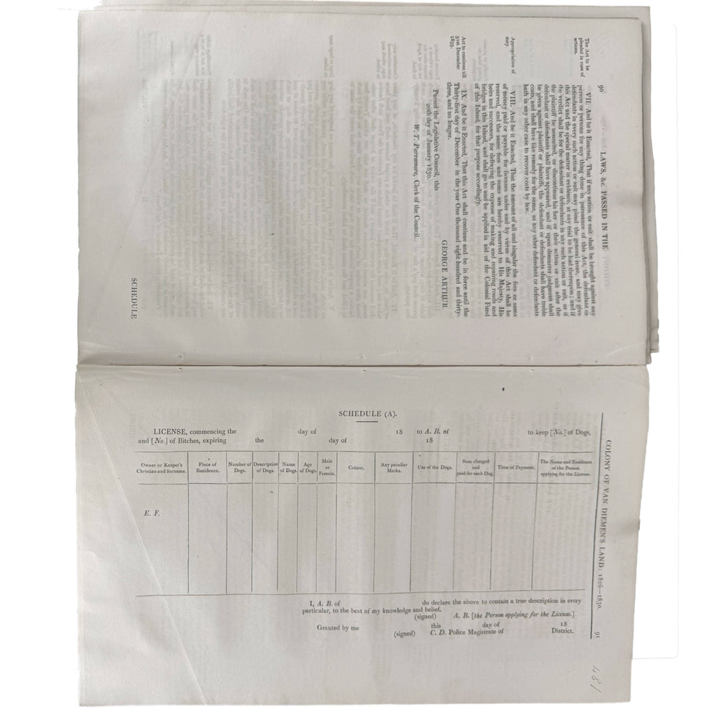 Van Diemen's Land colonial dog licence form 1830