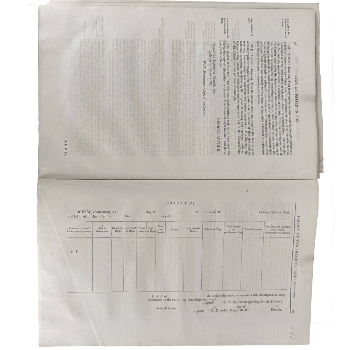 Van Diemen's Land colonial dog licence form 1830