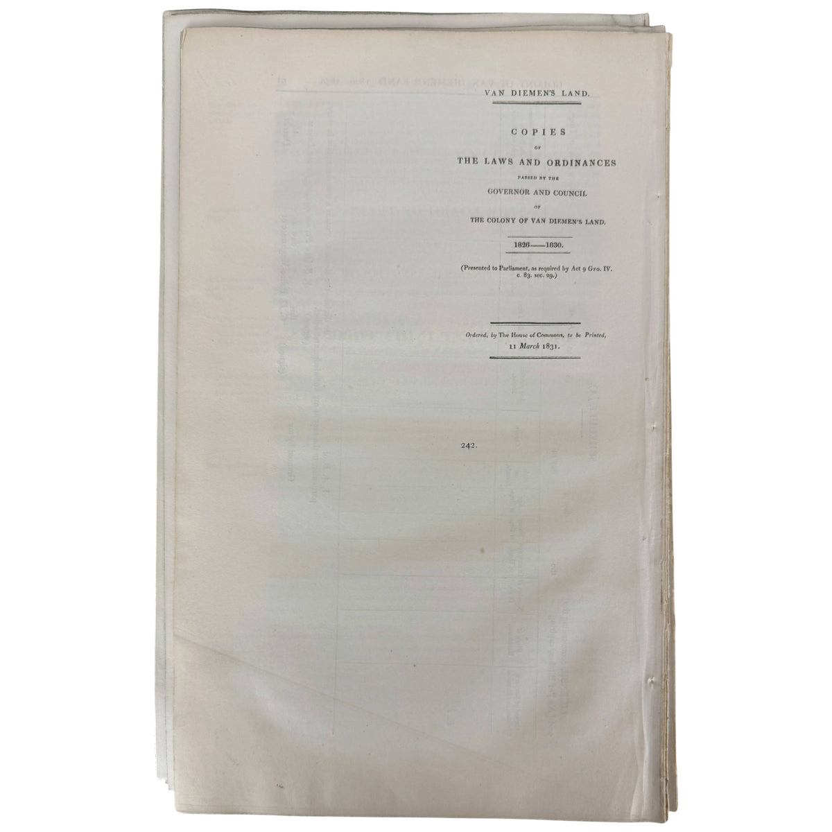 last page of 1831 Van Diemen's Land laws and ordinances 1826–1830