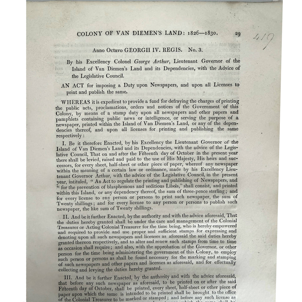 Van Diemen's Land newspaper stamp duty and publishing law
