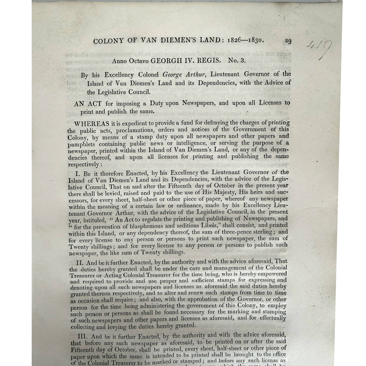 Van Diemen's Land newspaper stamp duty and publishing law