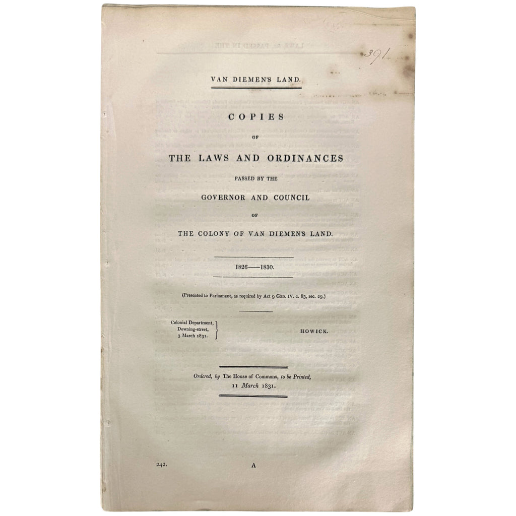 1831 Van Diemen's Land laws and ordinances 1826–1830 title page