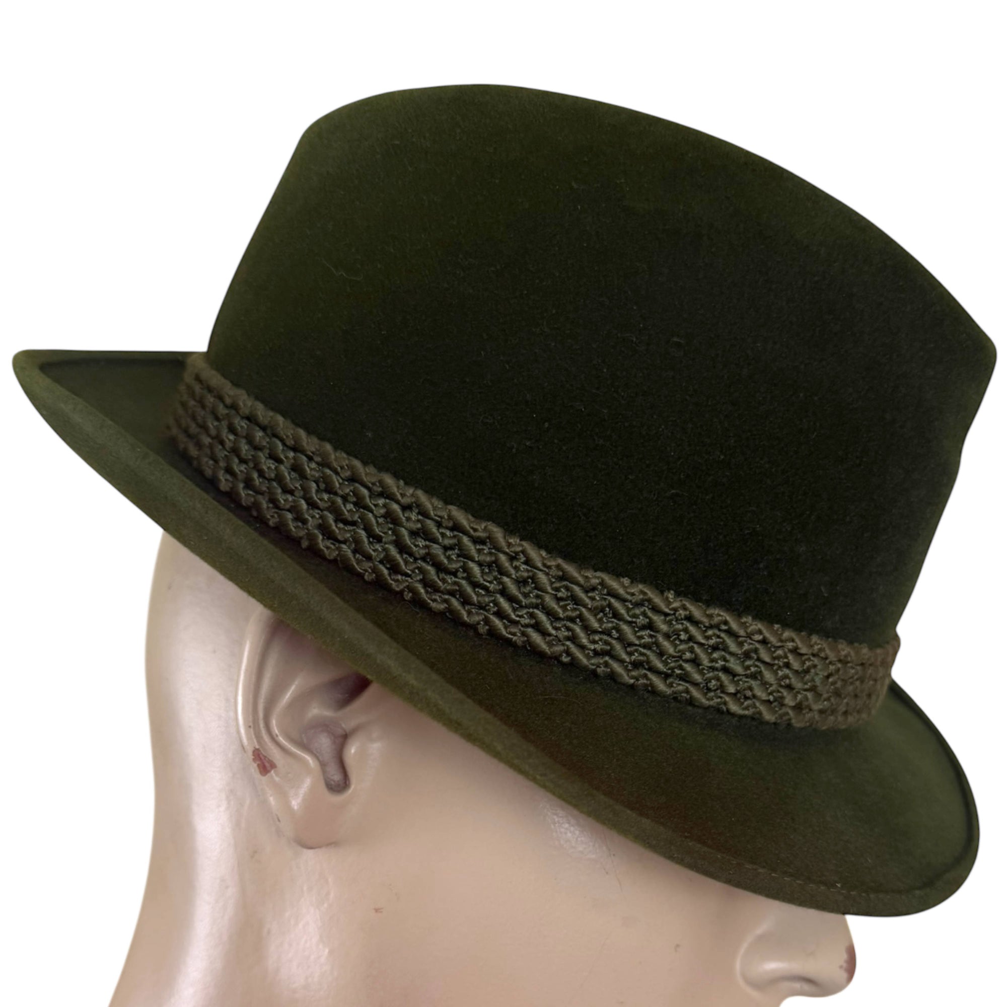 Olive green velour fedora profile