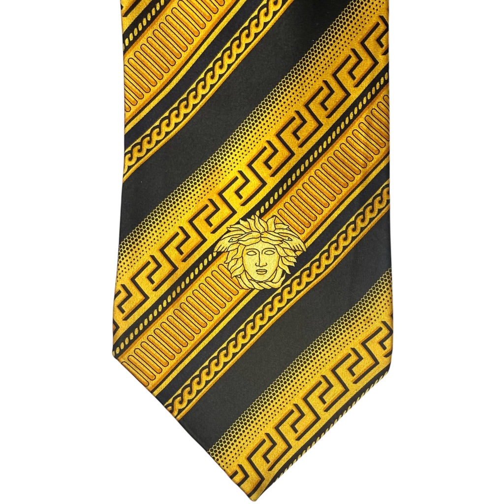 Vintage Gianni Versace Tie Gold Silk Necktie Medusa Head Greek Key Pattern