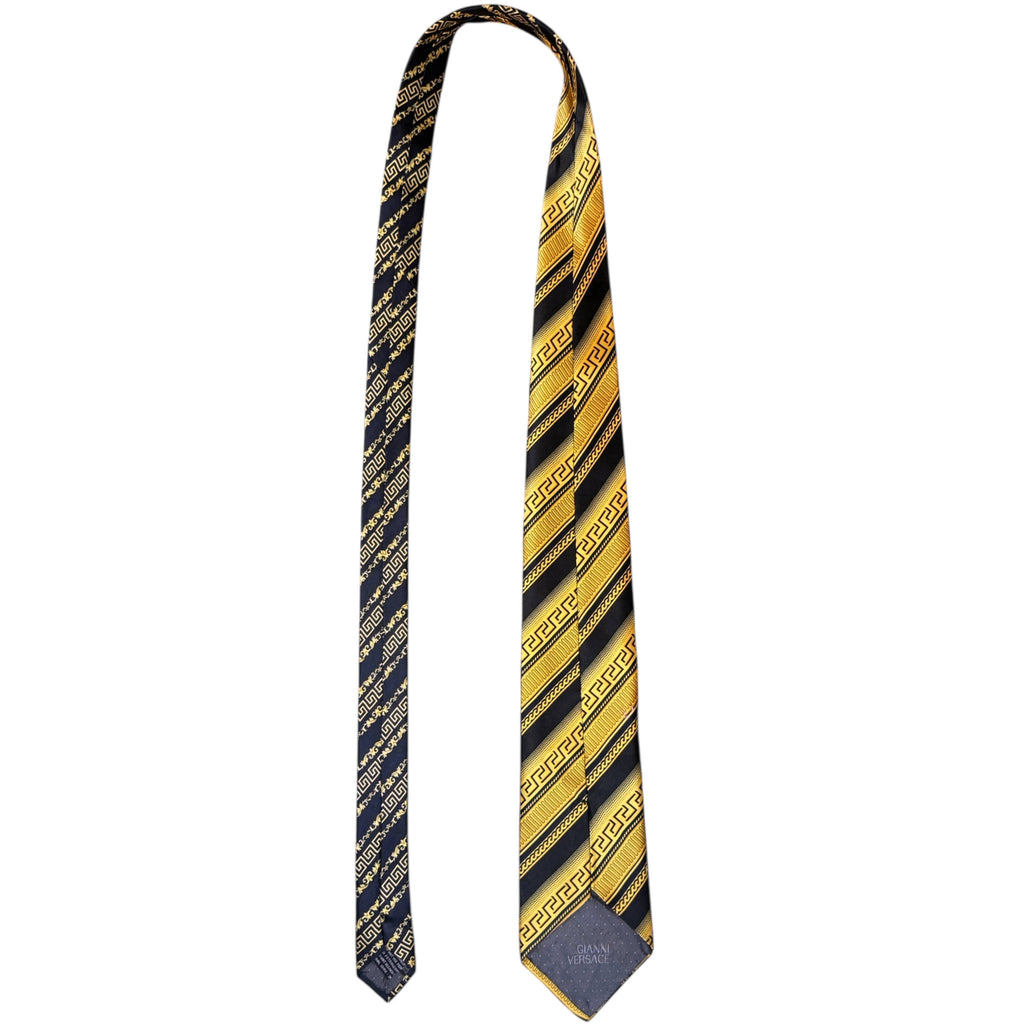 Vintage Gianni Versace Tie Gold Silk Necktie Medusa Head Greek Key Pattern