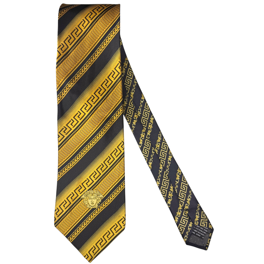 Vintage Gianni Versace Tie Gold Silk Necktie Medusa Head Greek Key Pattern