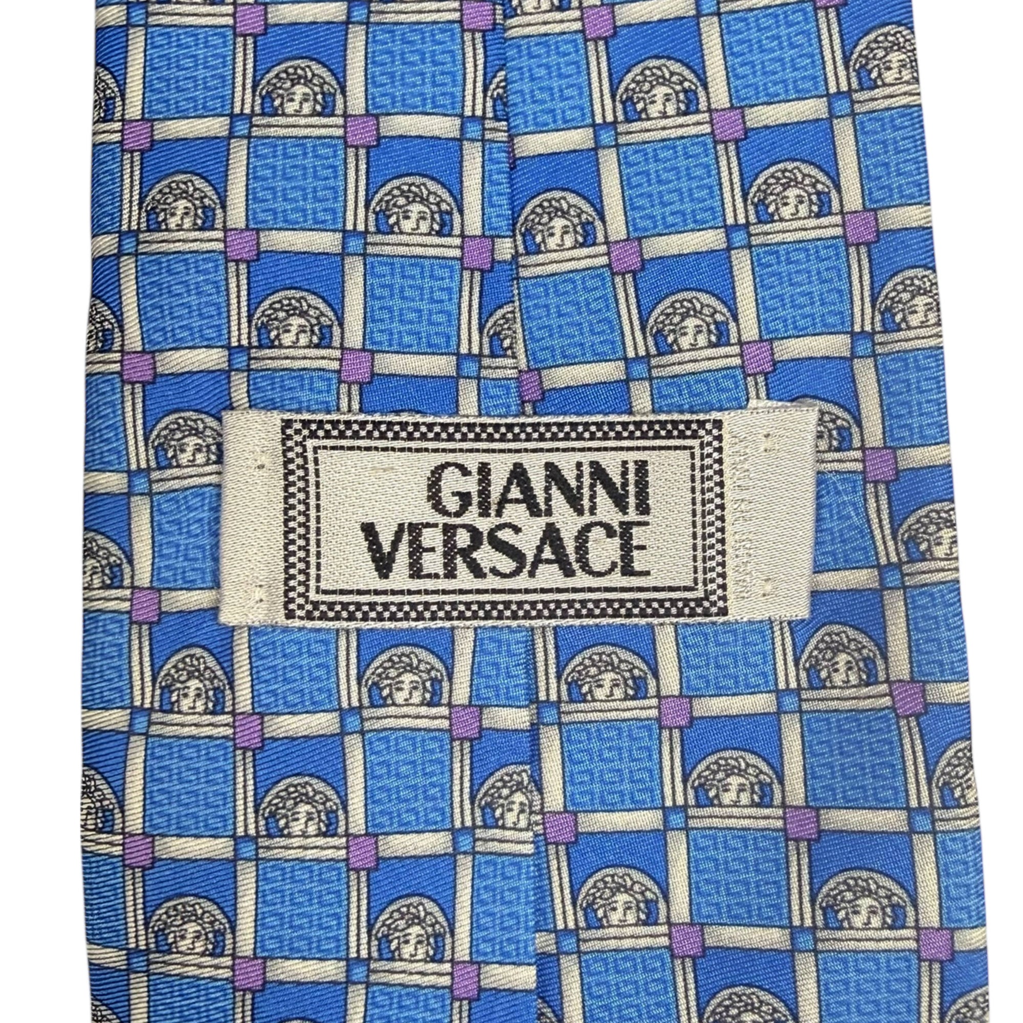 1990s Vintage Gianni Versace Silk Tie Medusa Head Pattern Blue Necktie Made in Italy